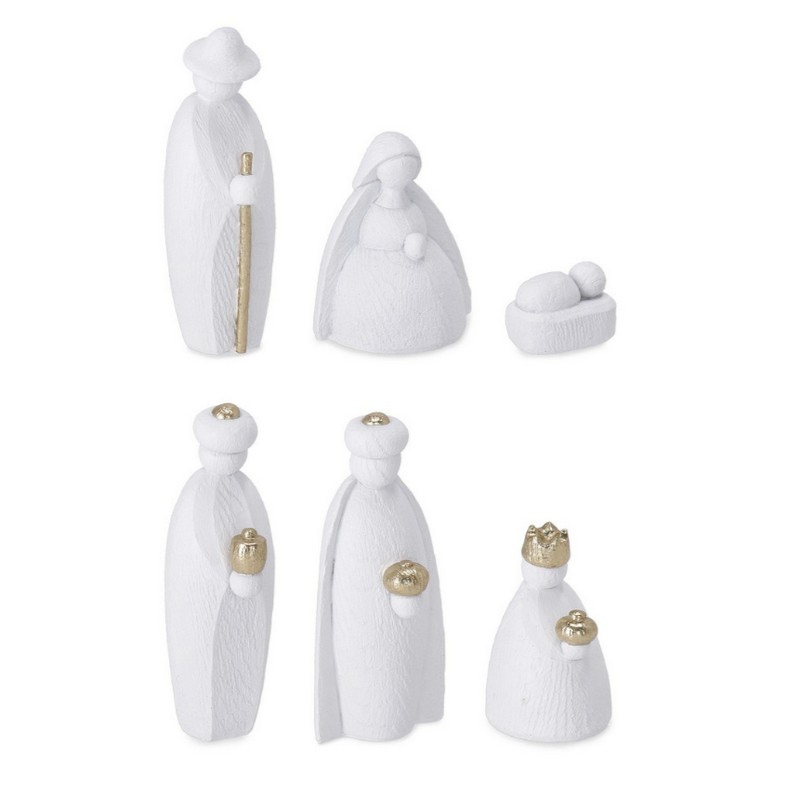 Presepe da 6 pezzi in resina effetto legno bianco con dettagli oro, un pratico presepe moderno adatto anche come idea regalo di Natale